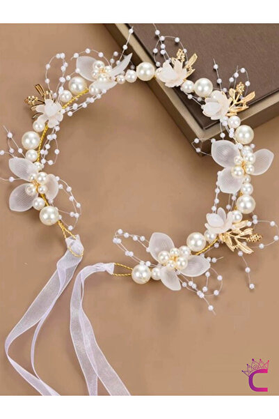 Cinderella Zarif Çiçekli Gold Yaprak İncili Saç Bandı Prenses Tacı Doğum Günü Düğün Kına Parti Mezuniyet