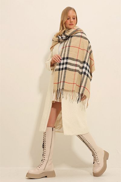 VAGGON Women's Beige Plaid Patterned Shawl Prmx11351