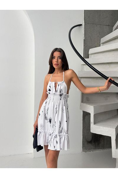 Jeevee Black Floral Patterned Halter Neck Gathered Mini Dress
