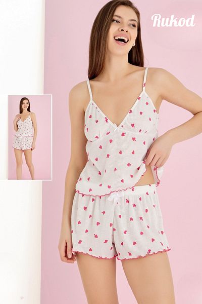 RUKOD Women's Rope Strap Pink Heart Detail Ruffle Shorts with Pinterest Suspender Shorts Pajama Set