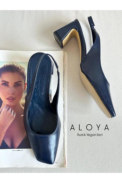 Zuum Aloya Open Back Thick Heeled Women's Shoes - Navy Blue Rustic