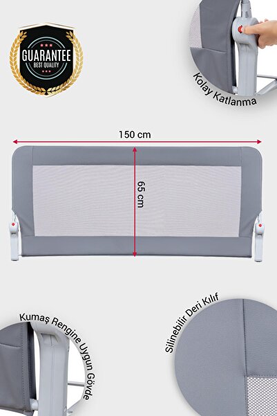 Wellgro Premium 150X65 cm Bed Barrier with Leather Cover, Folding Bed Rail, Gray