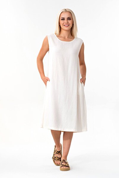 Fashion Showcase Καλοκαιρινό λινό φόρεμα με χοντρό λουράκι και πλαϊνές τσέπες Λευκό