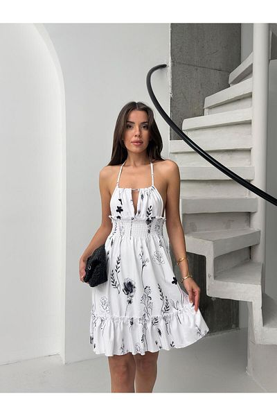 Jeevee Black Floral Patterned Halter Neck Gathered Mini Dress