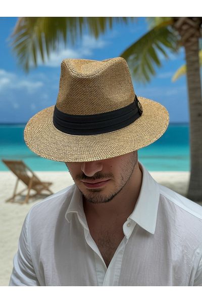 LAGRANZE Summer Men's Black Ribbon Banded Straw Fedora Hat