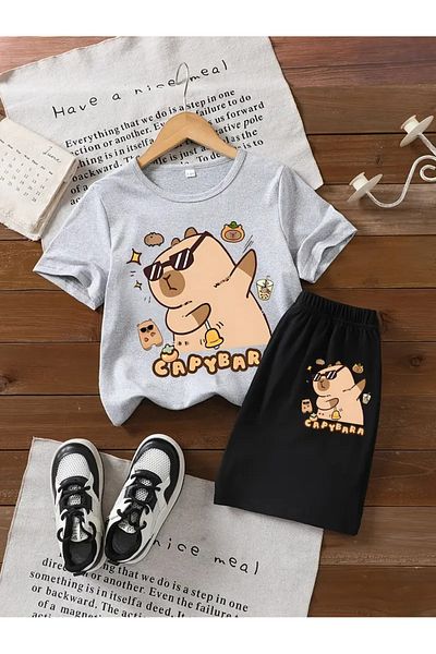 buendiakids Girl'S\Boy's Grey-Black Cool Capybara Printed Combed Cotton Shorts-Tshirt Set