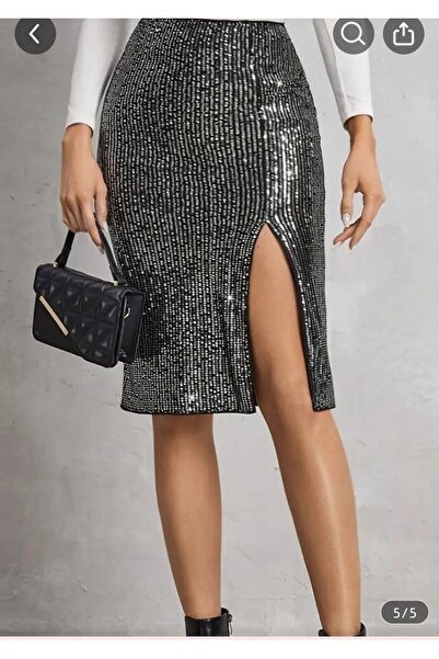 By Kul Design Women's Silver Sequin Slit Detail Skirt
