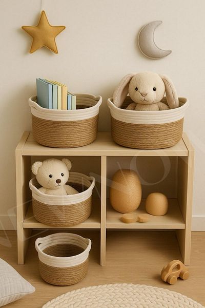 NEWNOW Ecoblend Set of 4 Handmade Jute and Cotton Baskets - Natural, Handles, Round, Organizer Basket