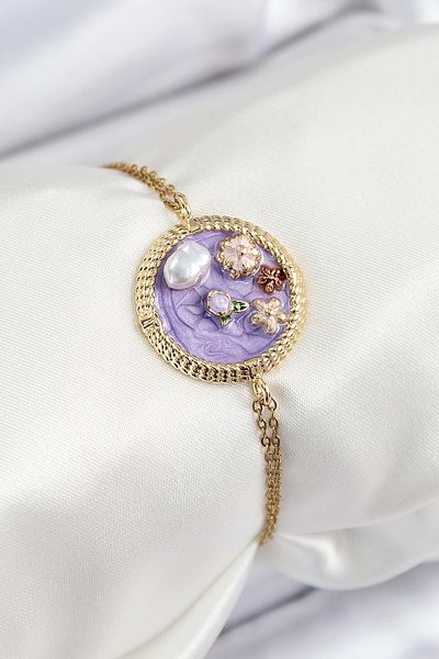 BESKAR 316L Steel Chain Purple Enamel Artistic Portrait Pearl Detailed Flower Model Gold Color Women's Bracelet