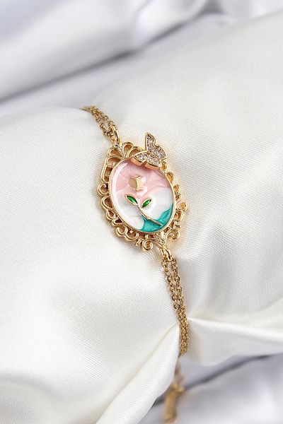 BESKAR 316L Steel Chain Enameled Artistic Portrait Zircon Stone Butterfly Detailed Flower Model Gold Color Women