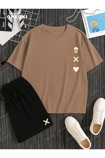 EFFRENATU Love, Death Printed Cotton Unisex Creamy T-Shirt-Black Shorts Set
