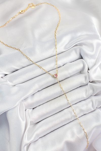 BESKAR Brass Zircon Stone Pink Heart Figured Y Model Gold Color Women's Necklace