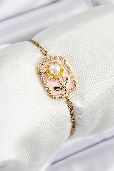 BESKAR 316L Steel Chain Pink Enamel Artistic Portrait Pearl Detailed Daisy Model Gold Color Women's Wrist