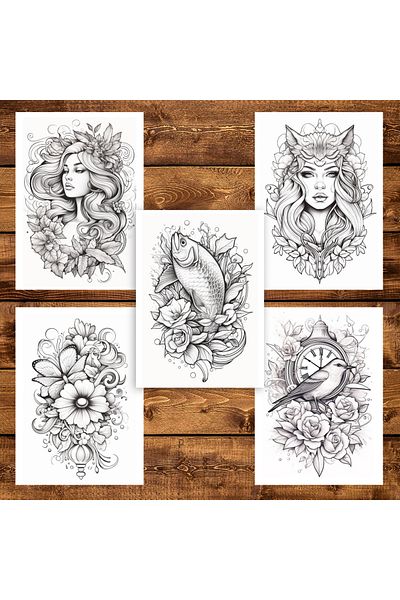Legendary Gifts Carte de colorat pentru adulti, 50 de ilustratii, Tatuaje - Volumul II 106 pagini