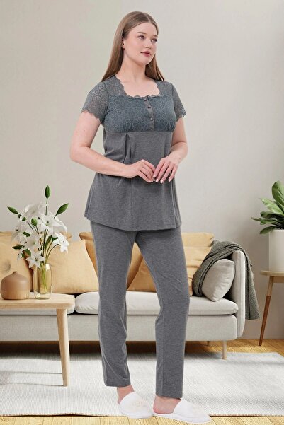 By Mecit Pijama Maternity Guipure Detailed Short Sleeve 3-Piece Pajama Set with Morning Dress 75% Cotton 25% Viscose