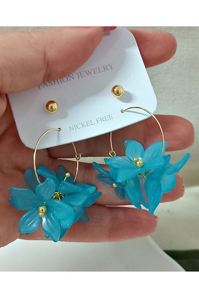 mos&more 4 Pieces Blue Flower Gold Hoop Women's Earrings