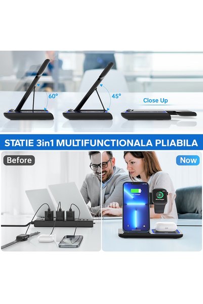 bzstore Încărcător wireless, încărcător rapid Qi 3 în 1 15W, încărcare rapidă, negru
