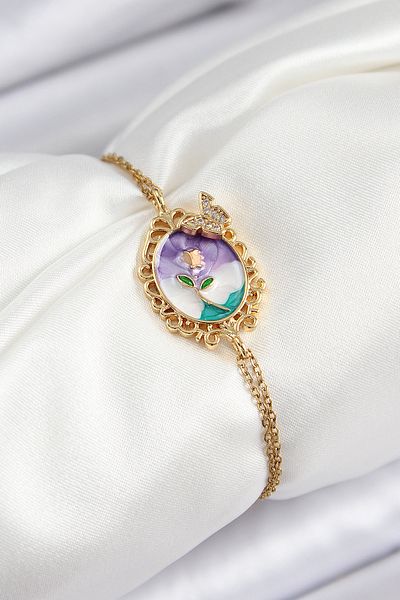BESKAR 316L Steel Chain Enameled Artistic Portrait Zircon Stone Butterfly Detailed Flower Model Gold Color Women