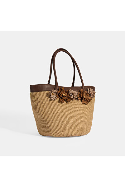 Desa Women's Brown Floral Detailed Straw Shoulder Bag