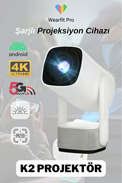HALL BREATHE Şarjlı 4K Android Projektör, 5G Wi-Fi, Full HD, Taşınabilir, Beyaz