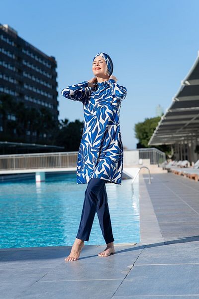 Ruko Maio Ruko 25208-2 Leaf Patterned Lycra (Water Repellent and Quick Drying) Fabric Hijab Swimsuit
