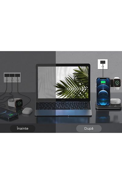 bzstore Încărcător wireless, încărcător rapid Qi 3 în 1 15W, încărcare rapidă, negru