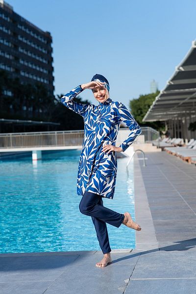 Ruko Maio Ruko 25208-2 Leaf Patterned Lycra (Water Repellent and Quick Drying) Fabric Hijab Swimsuit