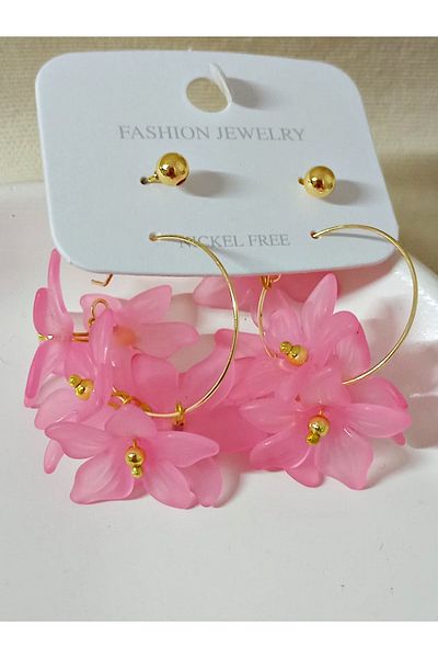 mos&more 4 Pieces Pink Flower Gold Hoop Earrings for Women