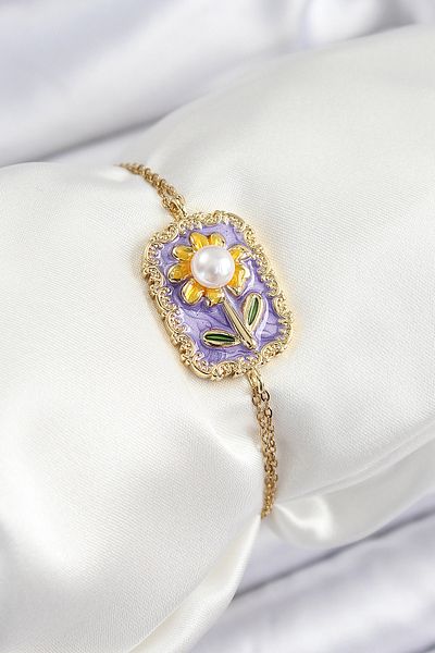BESKAR 316L Steel Chain Purple Enamel Artistic Portrait Pearl Detailed Daisy Model Gold Color Women's Bracelet