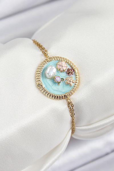 Store 316L Steel Chain Turquoise Enamel Artistic Portrait Pearl Detailed Flower Model Gold Color Women's Bracelet
