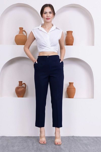 lodmela Button Detailed Elastic Waist Ankle Length Trousers 351-Navy Blue