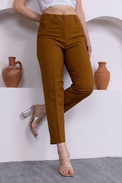 lodmela Pocket Detailed Ankle Length Women's Fabric Trousers 359-Brown