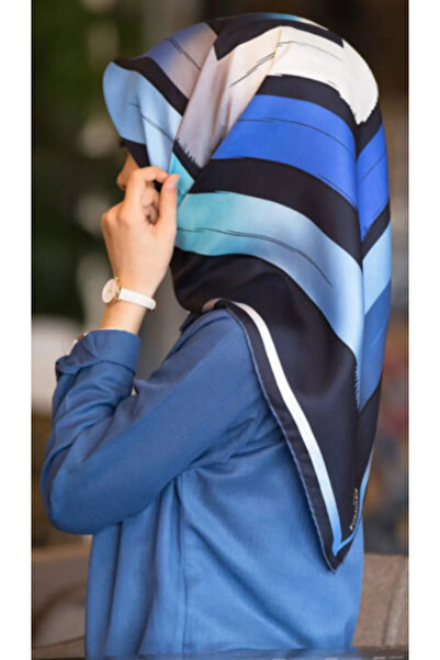 Vissona 100% mătase twill cu model geometric cu urme de perie, albastru închi...