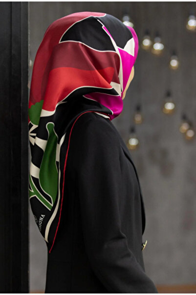 Vissona 100% Twill Silk Leaf Patterned Red - Pink Colored 90x90 Κασκόλ Σχήμα ...