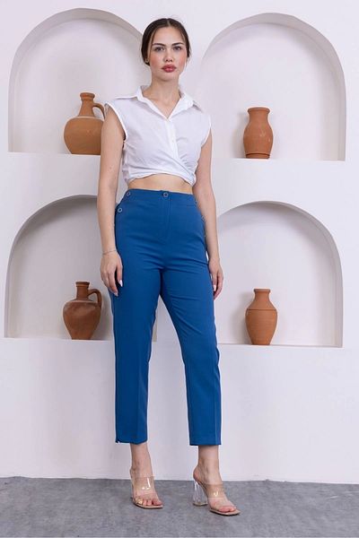 lodmela Button Detailed Elastic Waist Ankle Length Trousers 351-Indigo