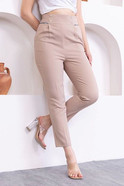 lodmela High Waist Women's Trousers with Pocket Detail 329-Light Mink