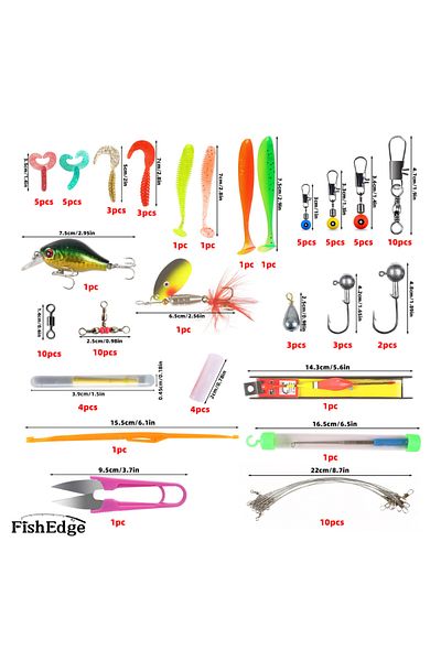 FishEdge Set de 90 de momeli artificiale și accesorii într-o cutie de depozitare, FishEdge, pentru pescuitul știucii, bibanului