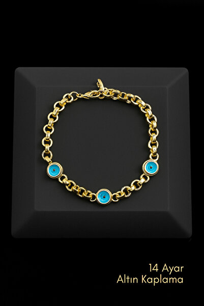 Çayla Kadın Bileklik - 14 Ayar Altın Kaplama Mavi Tılsım Nazar Boncuğu Bileklik