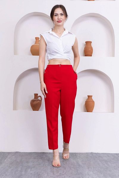 lodmela Button Detailed Elastic Waist Ankle Length Trousers 351-Red