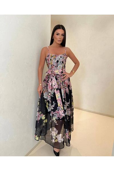 Julidress Black Corset Look Lined Strap Patterned Belted Midi Length Premium Design Linen Dress