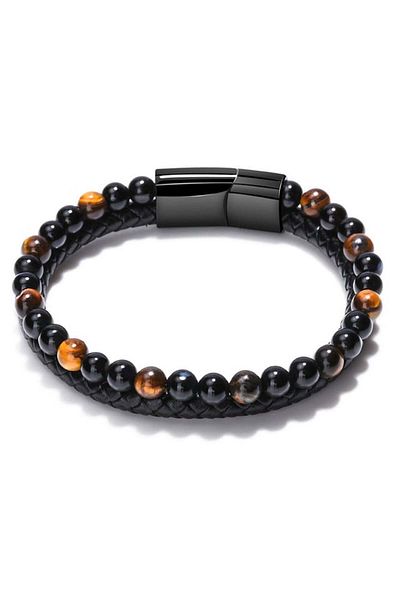 Tessero Double Bracelet Made of Leather and Semiprecious Stone, Magnetic Closure, 19 cm, Tiger Eye