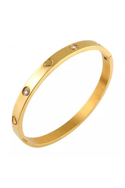 Tessero Women's fixed Bangle bracelet, model with zirconia stones and engraved heart, stainless steel, plate