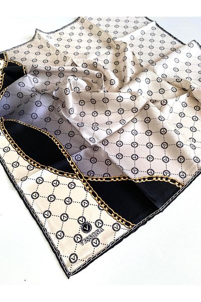 Vissona 100% Twill Silk Chain and Monogram Pattern Cream - Μαύρο Χρώμα 90x90 Σχήμα Φούσκας Ραπτικής: Ράψιμο στο χέρι