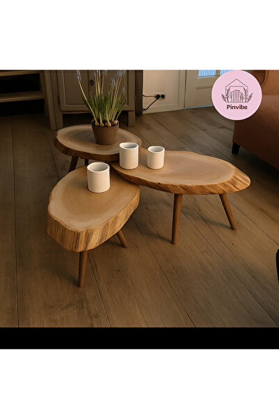 Home Pinvibe 3’lü Masif Doğal Kütük Zigon Sehpa Seti | El Yapımı Sehpa | Rust...