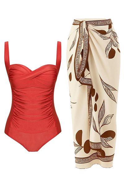 CUPSEA French Inspired Gathering Draped Swimsuit Pareo Set of 2 with Adjustable Straps, Stylish and Slimming Effect