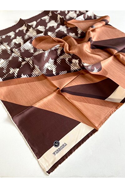 Vissona 100% mătase twill cu model picior de găină maro - culoare cupru 90x90...