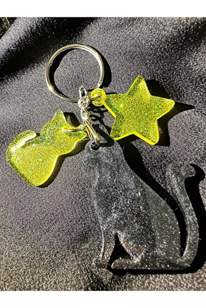 epoksiya سلسلة مفاتيح على شكل قطة، رمادي فحمي، أخضر، لامع، نجمة إضافية، سلسلة...