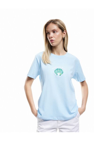 Koton Tricou din bumbac cu mânecă scurtă, cu decolteu, cu imprimeu scoici, sezon nou
