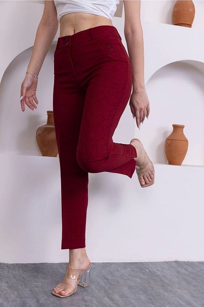 lodmela Pocket Detailed Ankle Length Women's Fabric Trousers 359-Burgundy