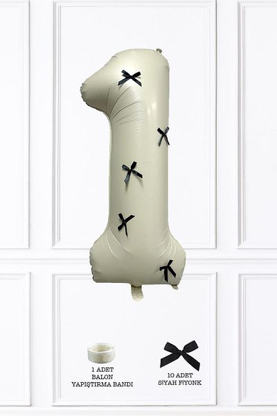 PEKSHOP 1 Year Birthday Black Bow Retro Cream Number Balloon 80 cm with Black Ribbon